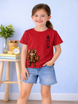 MALKIAT - Girls Red Samurai Raccon Graphic Printed Cotton T-shirt