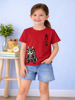 MALKIAT - Girls Red Samurai Panda Graphic Printed Cotton T-shirt