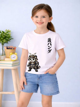 MALKIAT - Girls White Samurai Panda Graphic Printed Cotton T-shirt