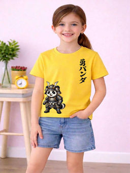 MALKIAT - Girls Yellow Samurai Panda Graphic Printed Cotton T-shirt