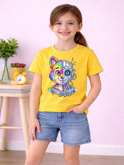 MALKIAT - Girls Yellow Future Paws Graphic Printed Cotton T-shirt