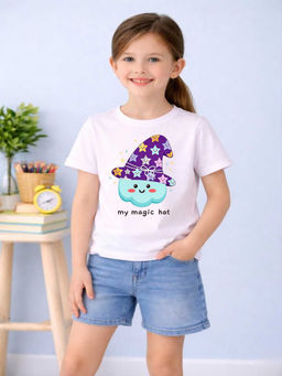 MALKIAT - Girls White Magical Smile Cloud Graphic Printed Cotton T-shirt
