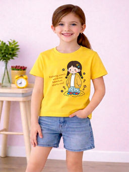 MALKIAT - Girls Yellow Mini Outfit Magic Graphic Printed Cotton T-shirt
