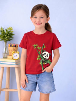 MALKIAT - Girls Red Bamboo Hugger Graphic Printed Cotton T-shirt
