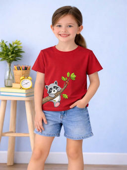 MALKIAT - Girls Red Happy Forest Friend Graphic Printed Cotton T-shirt