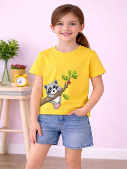 MALKIAT - Girls Yellow Happy Forest Friend Graphic Printed Cotton T-shirt