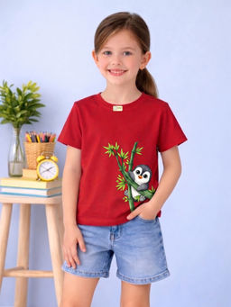 MALKIAT - Girls Red Bamboo Baby Penguin Graphic Printed Cotton T-shirt