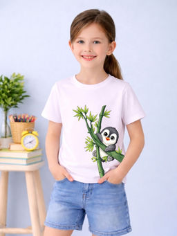 MALKIAT - Girls White Bamboo Baby Penguin Graphic Printed Cotton T-shirt