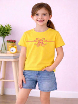 MALKIAT - Girls Yellow TechCore M Design Graphic Printed Cotton T-shirt