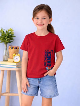 MALKIAT - Girls Red Game On Forever Graphic Printed Cotton T-shirt