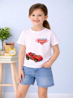 MALKIAT - Girls White Racing Car Graphic Printed Cotton T-shirt