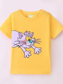 MALKIAT - Kids Yellow Happy Paws Cat Graphic Printed Cotton T-shirt