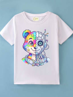 MALKIAT - Kids White Techno Teddy Graphic Printed Cotton T-shirt