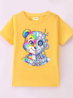 MALKIAT - Kids Yellow Techno Teddy Graphic Printed Cotton T-shirt