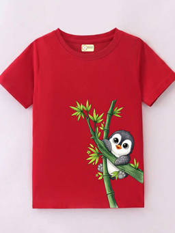 MALKIAT - Kids Red Bamboo Baby Penguin Graphic Printed Cotton T-shirt