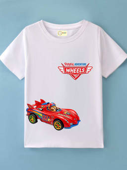 MALKIAT - Kids White Racing Car Graphic Printed Cotton T-shirt