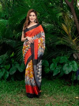 Beatitude - Women Red White Printed Saree with Unstitched Blouse