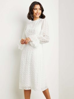 Styli - White Dobby Textured Long Sleeves Midi Dress