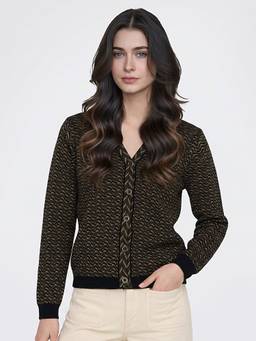 Monte Carlo - Black Womens V-Neck Jacquard Winter Cardigan