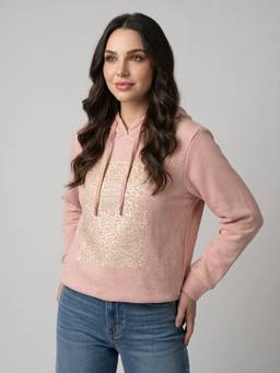 Monte Carlo - Peach Womens Regular Fit Hooded Leopard Rosettes Winter Hoodie