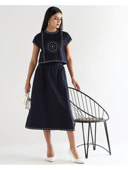 Sands of India - Women’s Embroidered Navy Blue Boxy Co-ord