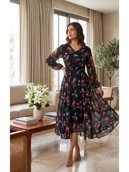 Souchii - Women's Black Floral Printed Flared Midi Dress
