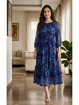 Souchii - Women's Blue Flared Chiffon Dress