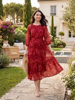 Souchii - Women's Maroon Flared Chiffon Dress