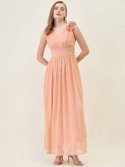 AAYU - Women Peach Solid V-Neck Sleeveless Dress