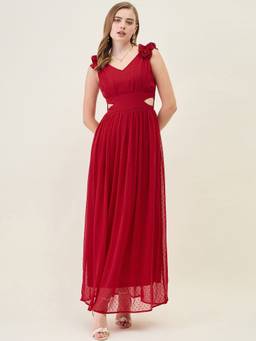 AAYU - Women Red Solid V-Neck Sleeveless Dress