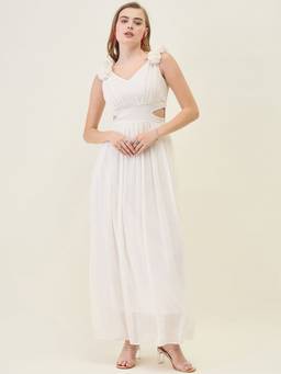 AAYU - Women White Solid V-Neck Sleeveless Dress