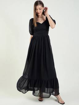 AAYU - Womens Black Solid Sweetheart Half Sleeves Dress