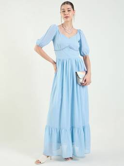 AAYU - Womens Blue Solid Sweetheart Half Sleeves Dress