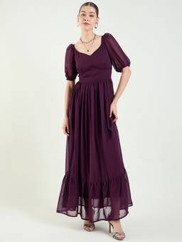 AAYU - Womens Wine Solid Sweetheart Half Sleeves Dress