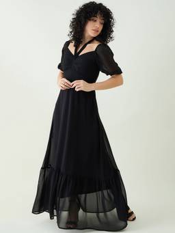 AAYU - Women's Black Solid Sweetheart Half Sleeves Dress