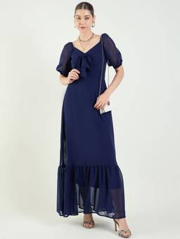 AAYU - Women's Navy Blue Solid Sweetheart Half Sleeves Dress