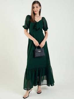 AAYU - Women's Green Solid Sweetheart Half Sleeves Dress