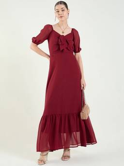 AAYU - Women Maroon Solid Sweetheart Half Sleeves Dress