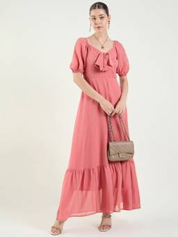 AAYU - Women Peach Solid Sweetheart Half Sleeves Dress