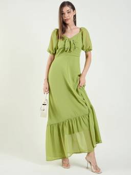 AAYU - Women Green Solid Sweetheart Half Sleeves Dress