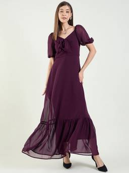 AAYU - Women Wine Solid Sweetheart Half Sleeves Dress