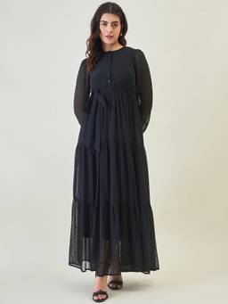 AAYU - Women Black Solid Round Neck Full Sleeves Dress