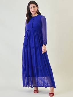AAYU - Women Blue Solid Round Neck Full Sleeves Dress