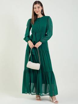 AAYU - Women Green Solid Round Neck Full Sleeves Dress