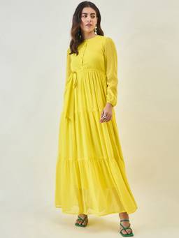 AAYU - Women Yellow Solid Round Neck Full Sleeves Dress