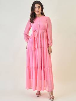 AAYU - Women Pink Solid Round Neck Full Sleeves Dress