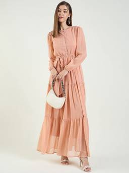AAYU - Women Peach Solid Round Neck Full Sleeves Dress