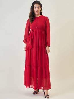 AAYU - Women Red Solid Round Neck Full Sleeves Dress