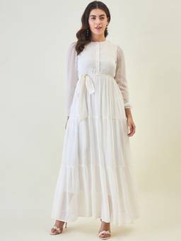 AAYU - Women White Solid Round Neck Full Sleeves Dress