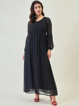 AAYU - Women Black Solid V-Neck Full Sleeves Dress
